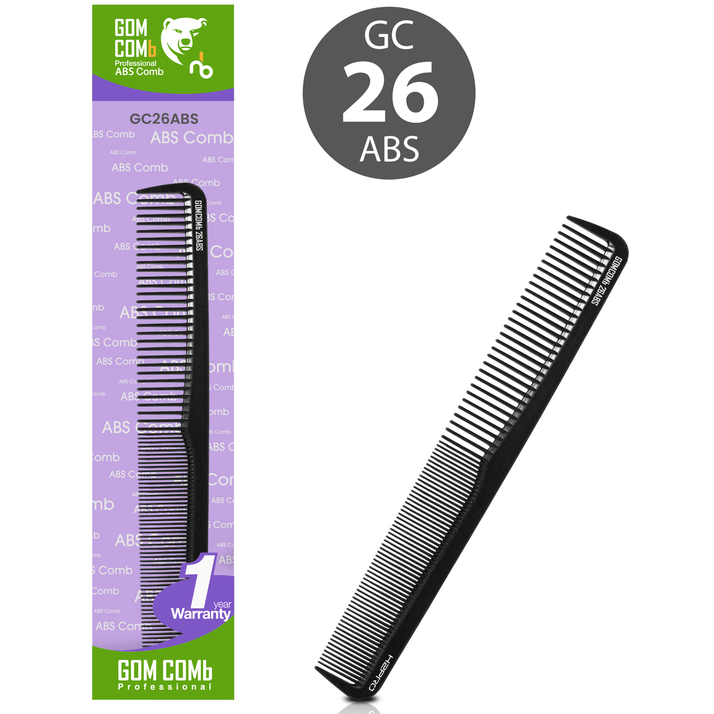 HAIR COMB - GC26ABS - GOMCOMb ABS SMALL CUTTING STYLING COMB - 178 MM - PACK OF 12