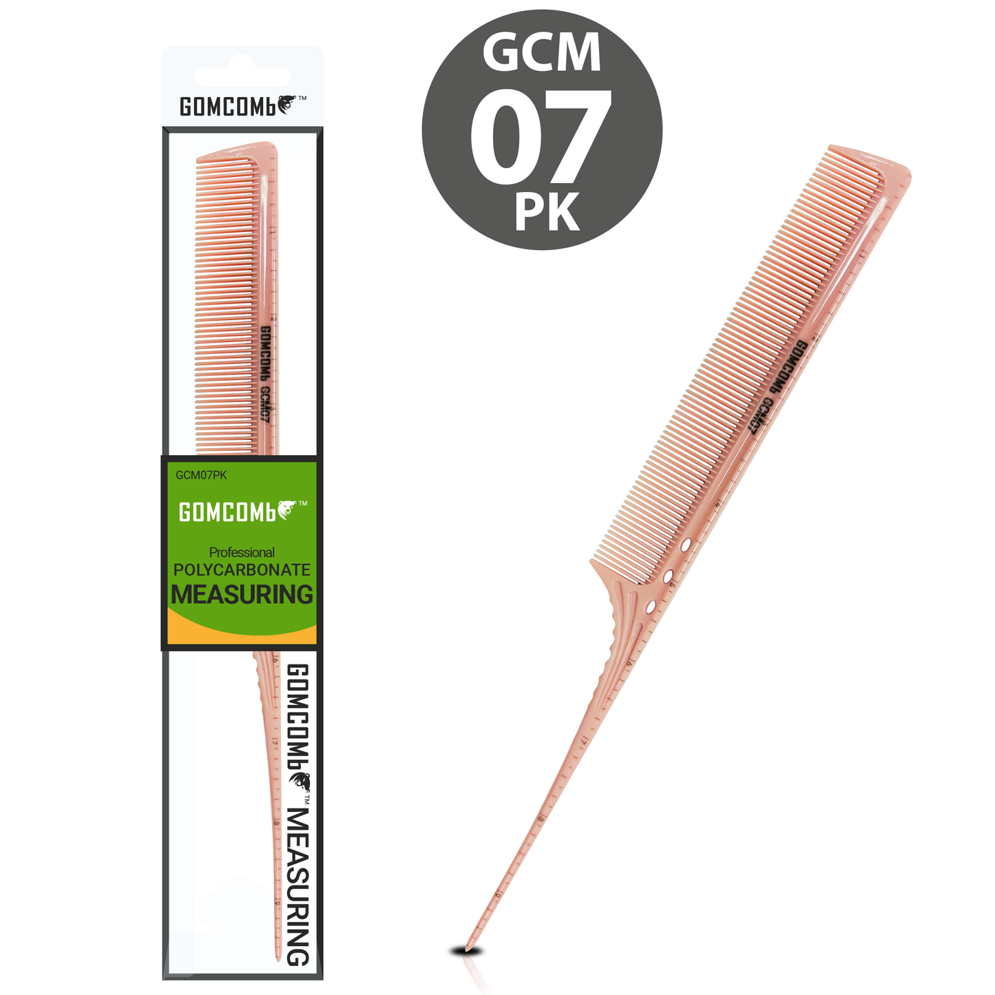 HAIR COMB - GCM07PK - GOMCOMb POLYCARBONATE FINE TOOTH RAT TAIL MEASURING COMB - 249 MM - PACK OF 12