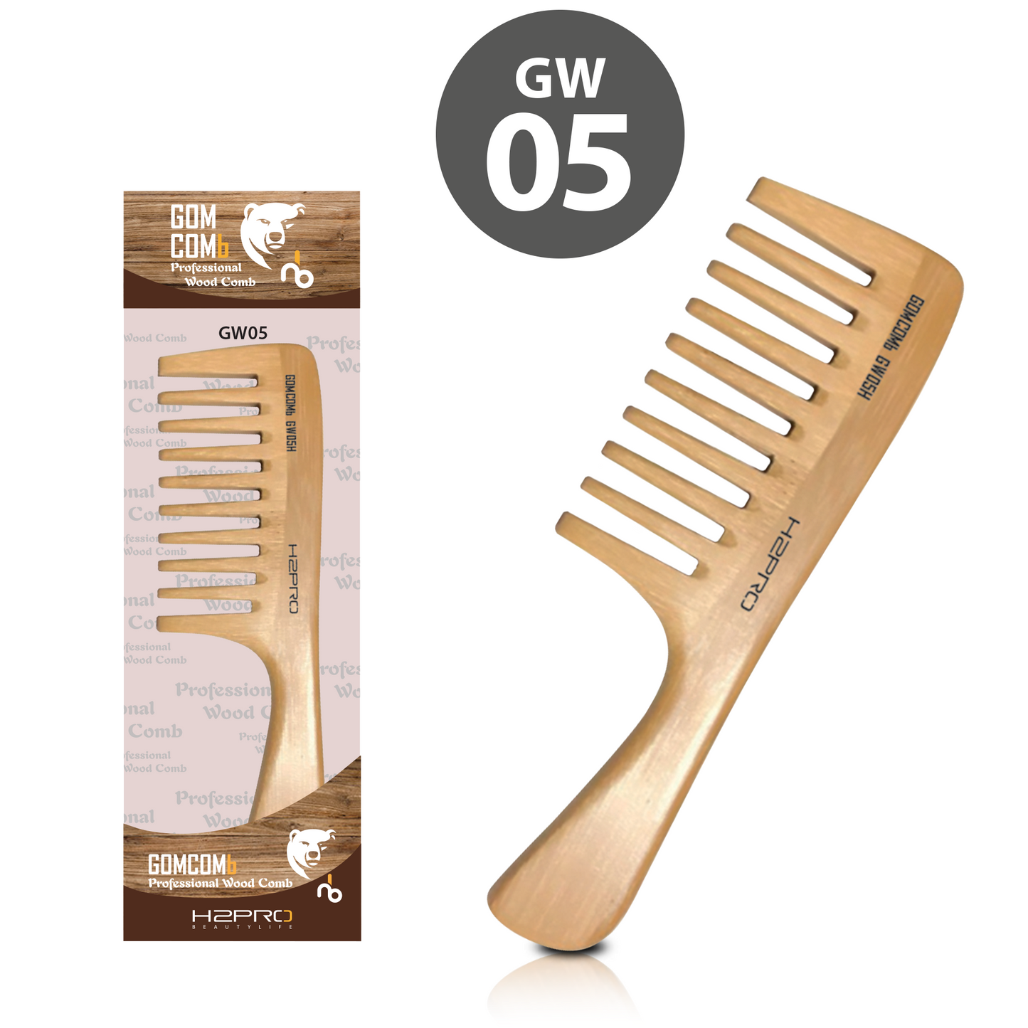 HAIR COMB - GW05 - GOMCOMb NATURAL BAMBOO WOOD DETANGLING COMB - 210 MM - PACK OF 12