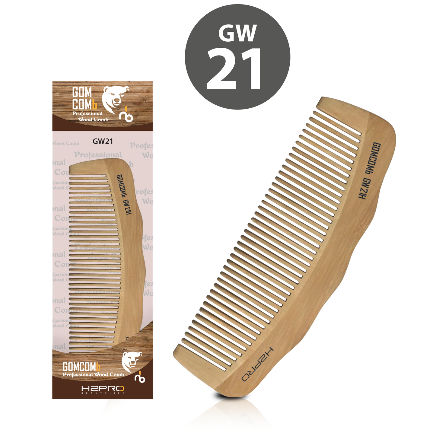 HAIR COMB - GW21 - GOMCOMb NATURAL BAMBOO WOOD CURVED STYLING COMB - 160 MM - PACK OF 12