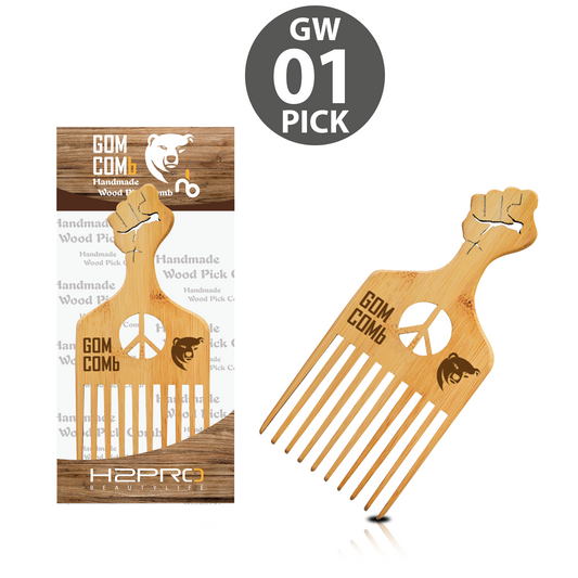 HAIR COMB - GWPICK01 - GOMCOMb NATURAL BAMBOO WOOD PICK COMB - PACK OF 12
