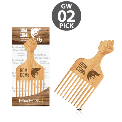 HAIR COMB - GWPICK02 - GOMCOMb NATURAL BAMBOO WOOD PICK COMB - PACK OF 12