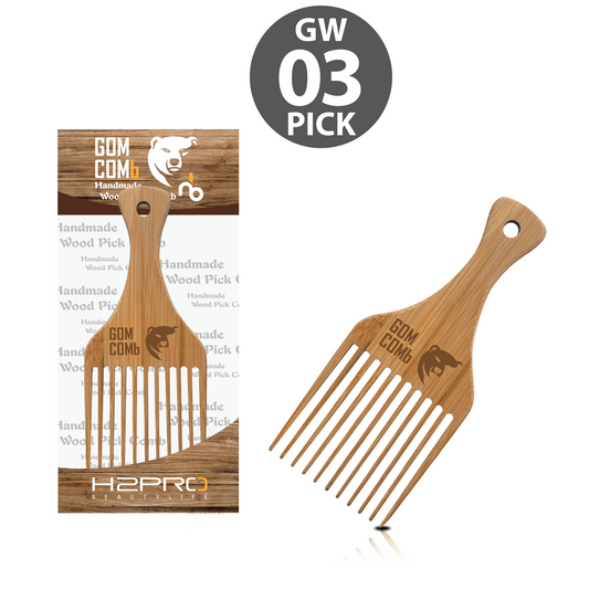 HAIR COMB - GWPICK03 - GOMCOMb NATURAL BAMBOO WOOD PICK COMB - PACK OF 12