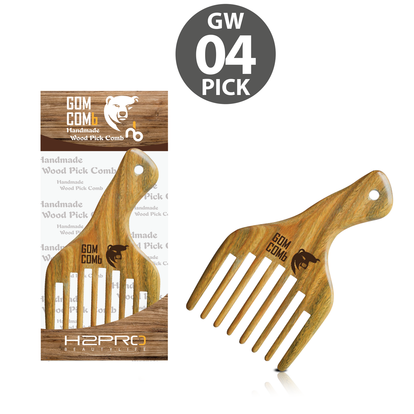 HAIR COMB - GWPICK04 - GOMCOMb NATURAL BAMBOO WOOD PICK COMB - PACK OF 12