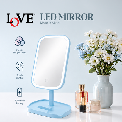 LED MIRROR - LLM01 - LOVE RECHARGEABLE DESKTOP LED MAKEUP MIRROR WITH PHONE HOLDER & STORAGE - BLUE