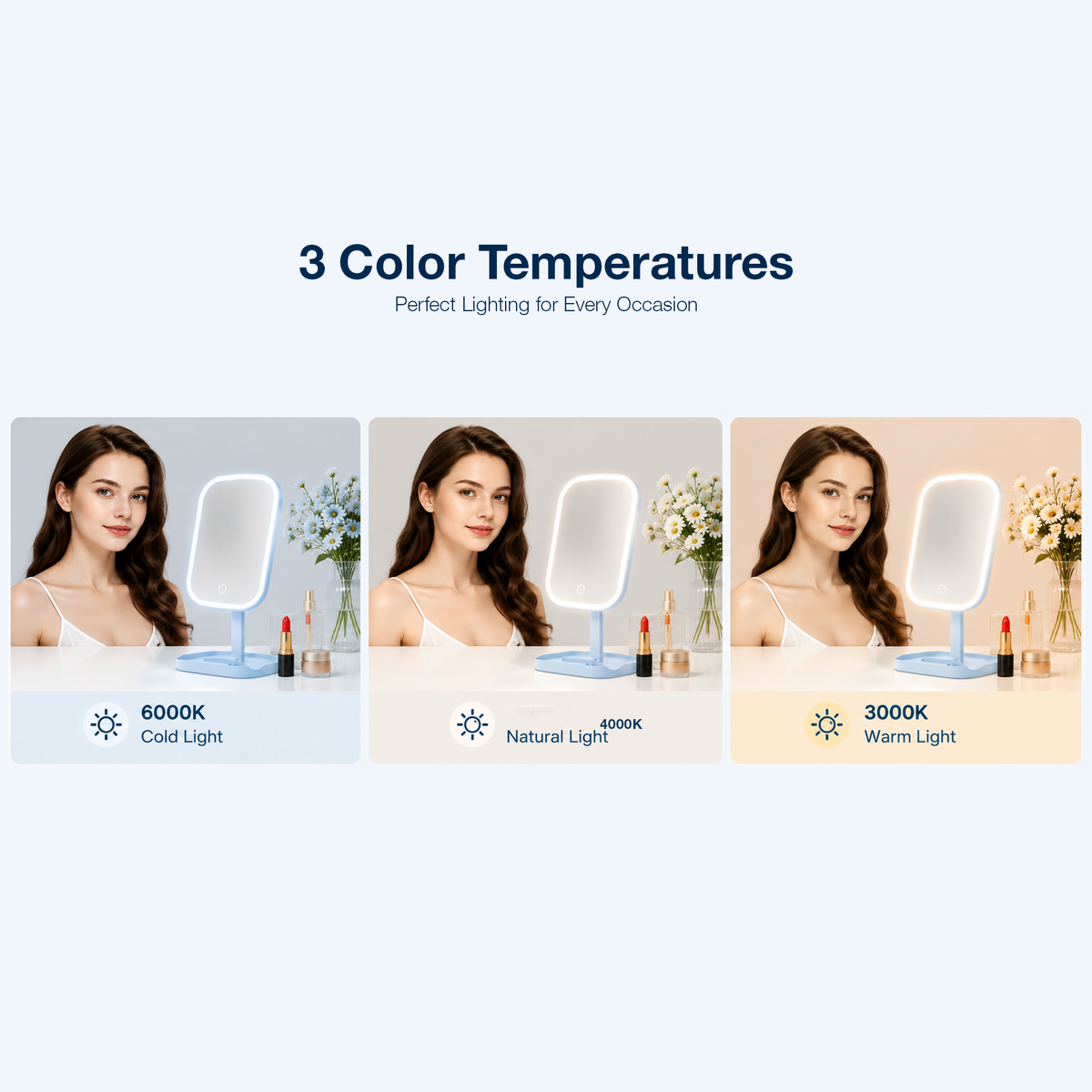 LED MIRROR - LLM01 - LOVE RECHARGEABLE DESKTOP LED MAKEUP MIRROR WITH PHONE HOLDER & STORAGE - BLUE