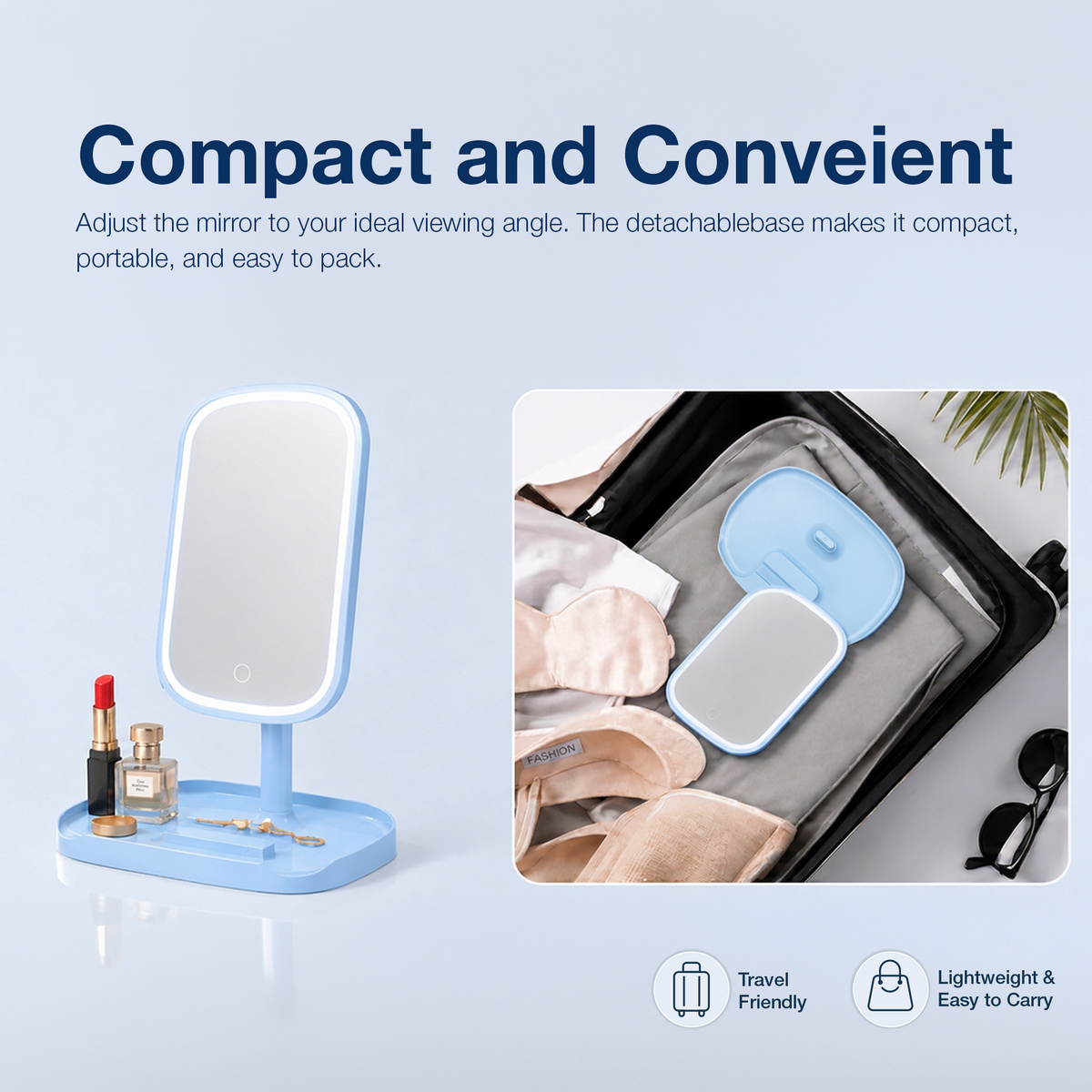 LED MIRROR - LLM01 - LOVE RECHARGEABLE DESKTOP LED MAKEUP MIRROR WITH PHONE HOLDER & STORAGE - BLUE