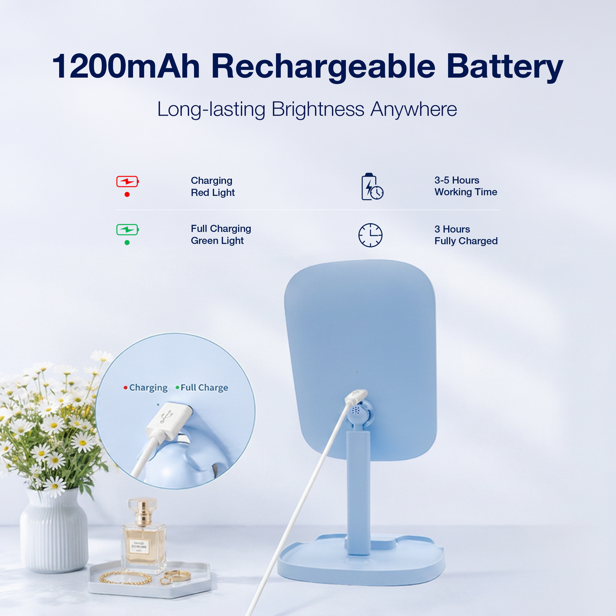 LED MIRROR - LLM01 - LOVE RECHARGEABLE DESKTOP LED MAKEUP MIRROR WITH PHONE HOLDER & STORAGE - BLUE