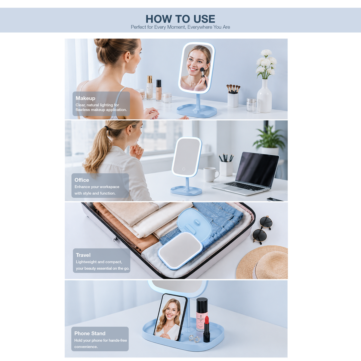 LED MIRROR - LLM01 - LOVE RECHARGEABLE DESKTOP LED MAKEUP MIRROR WITH PHONE HOLDER & STORAGE - BLUE