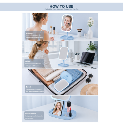 LED MIRROR - LLM01 - LOVE RECHARGEABLE DESKTOP LED MAKEUP MIRROR WITH PHONE HOLDER & STORAGE - BLUE