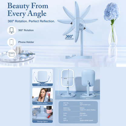 LED MIRROR - LLM01 - LOVE RECHARGEABLE DESKTOP LED MAKEUP MIRROR WITH PHONE HOLDER & STORAGE - BLUE