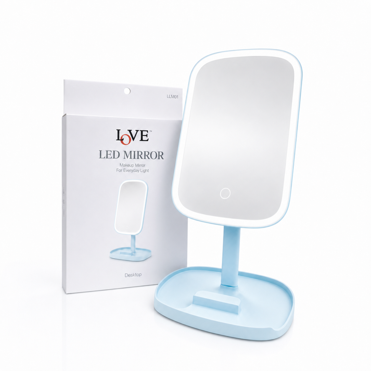 LED MIRROR - LLM01 - LOVE RECHARGEABLE DESKTOP LED MAKEUP MIRROR WITH PHONE HOLDER & STORAGE - BLUE