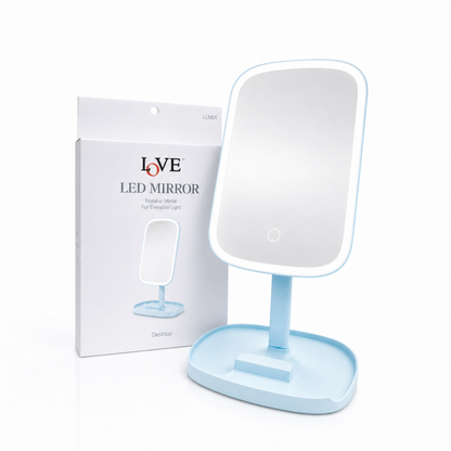 LED MIRROR - LLM01 - LOVE RECHARGEABLE DESKTOP LED MAKEUP MIRROR WITH PHONE HOLDER & STORAGE - BLUE