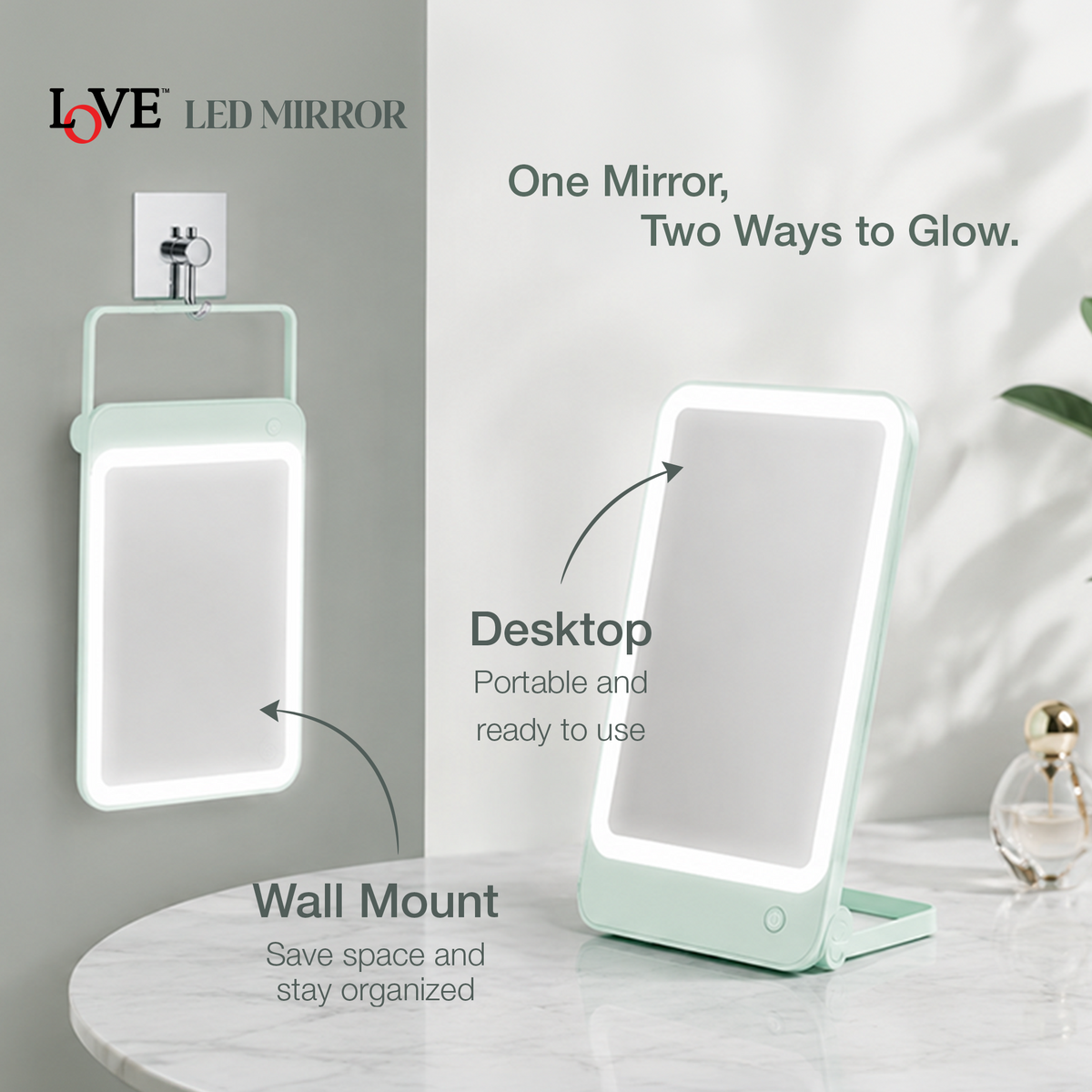 LED MIRROR - LLM02 - LOVE 2-IN-1 DESKTOP & WALL-HANGING PORTABLE MAKEUP LED MIRROR - TEAL