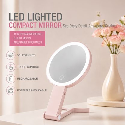 LED MIRROR - LLM03 - LED LIGHTED COMPACT TRAVEL MIRROR 1X & 10X MAGNIFICATION - PINK
