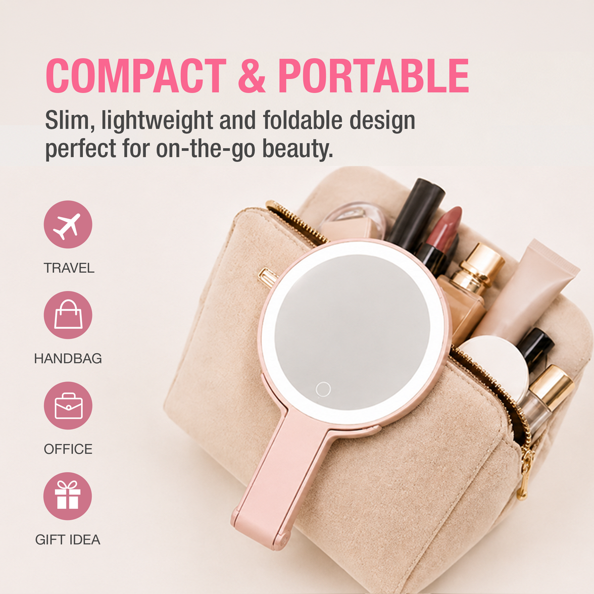 LED MIRROR - LLM03 - LED LIGHTED COMPACT TRAVEL MIRROR 1X & 10X MAGNIFICATION - PINK