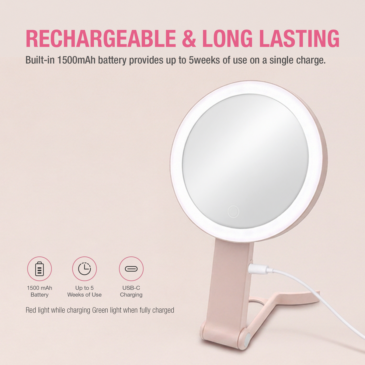 LED MIRROR - LLM03 - LED LIGHTED COMPACT TRAVEL MIRROR 1X & 10X MAGNIFICATION - PINK