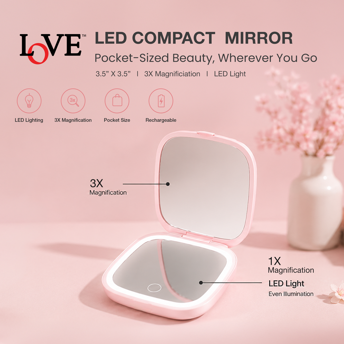LED MIRROR - LLM04TL - LOVE RECHARGEABLE DOUBLE-SIDED 1X & 3X MAGNIFYING LED POCKET MIRROR - TEAL