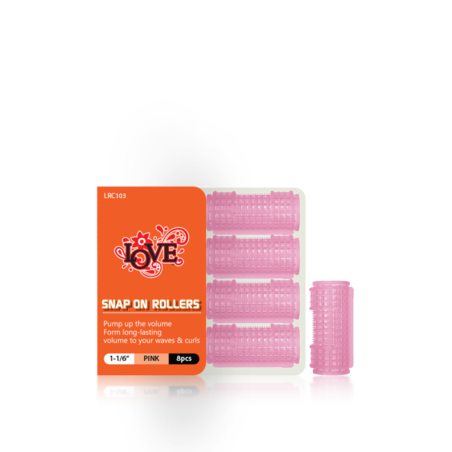 HAIR ROLLER - LRC103 - LOVE SNAP ON ROLLERS - 1 1/6" - PINK - 8 PCS - PACK OF 12