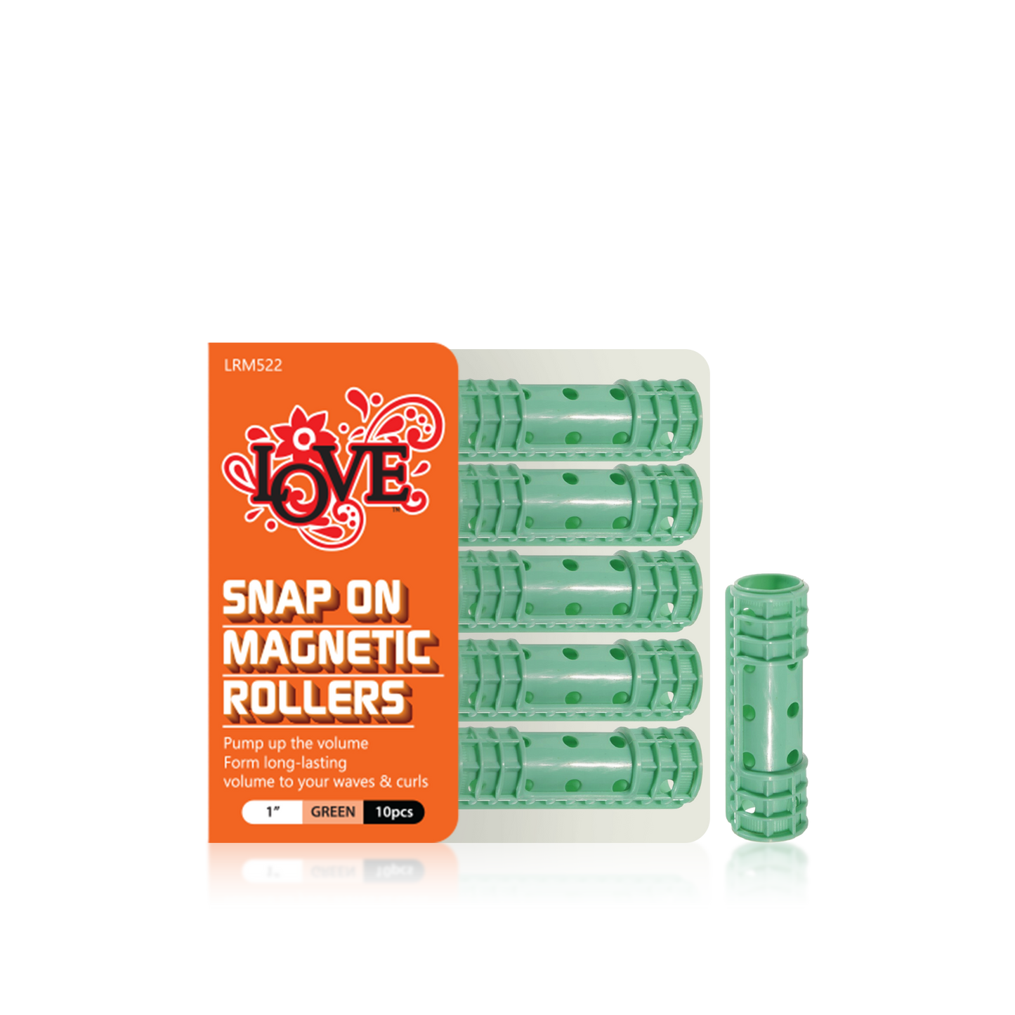 HAIR ROLLER - LRM522 - LOVE SNAP ON MAGNETIC ROLLERS - 1" - GREEN - 10 PCS - PACK OF 12