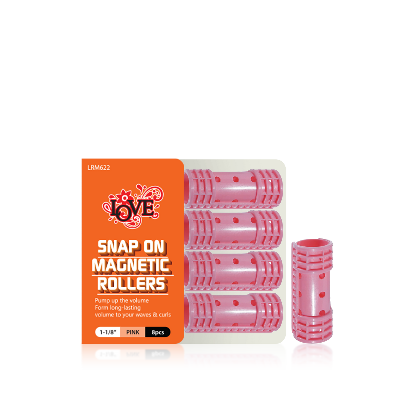 HAIR ROLLER - LRM622 - LOVE SNAP ON MAGNETIC ROLLERS - 1 1/8" - PINK - 8 PCS - PACK OF 12