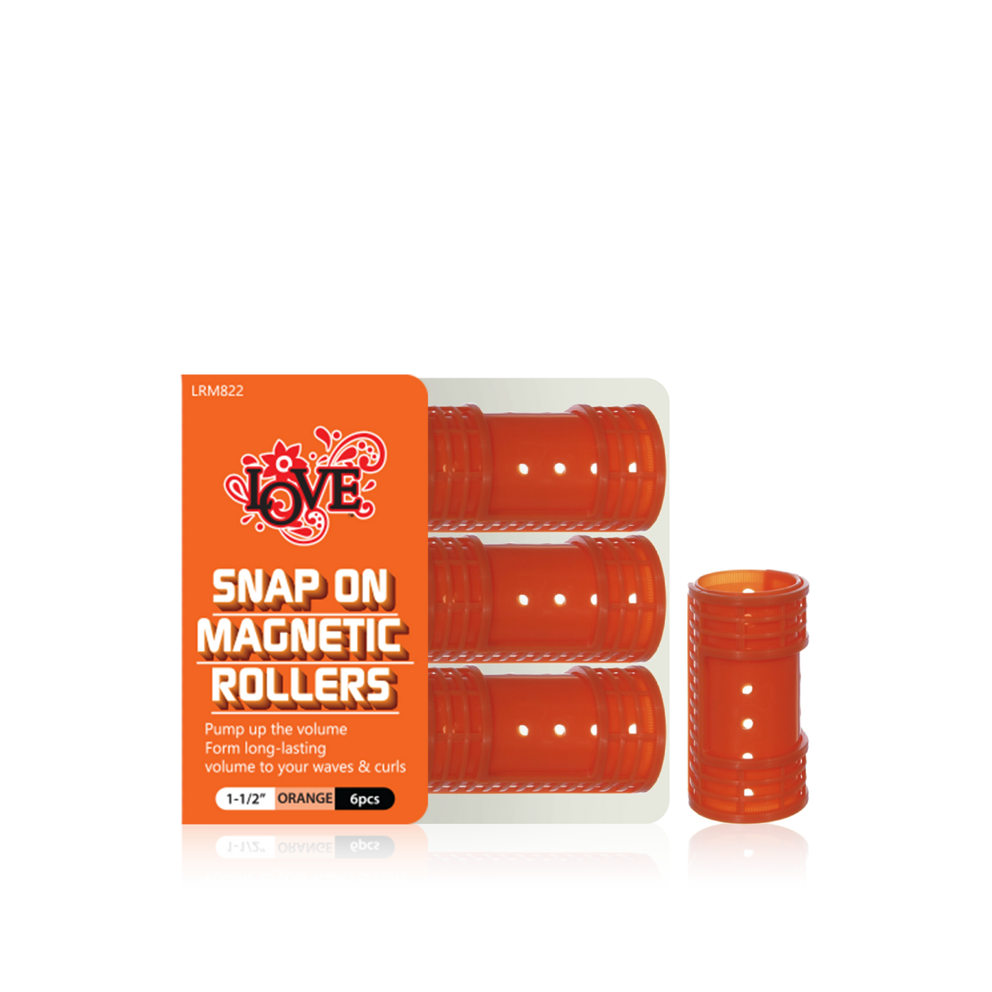 HAIR ROLLER - LRM822 - LOVE SNAP ON MAGNETIC ROLLERS - 1 1/2" - ORANGE - 6 PCS - PACK OF 12