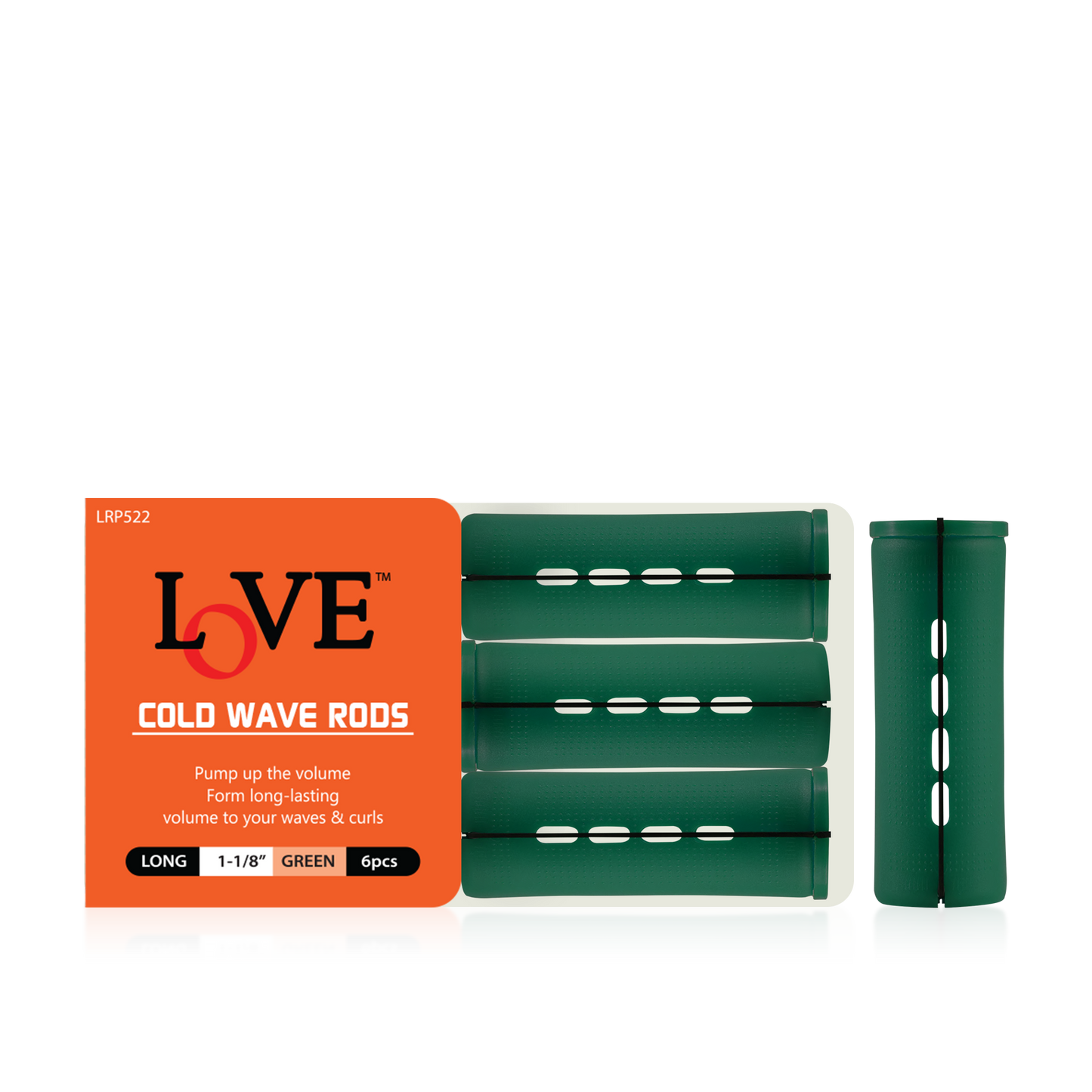 HAIR ROLLER - LRP522 - LOVE COLD WAVE RODS - LONG 1 1/8" - GREEN - 6 PCS - PACK OF 12