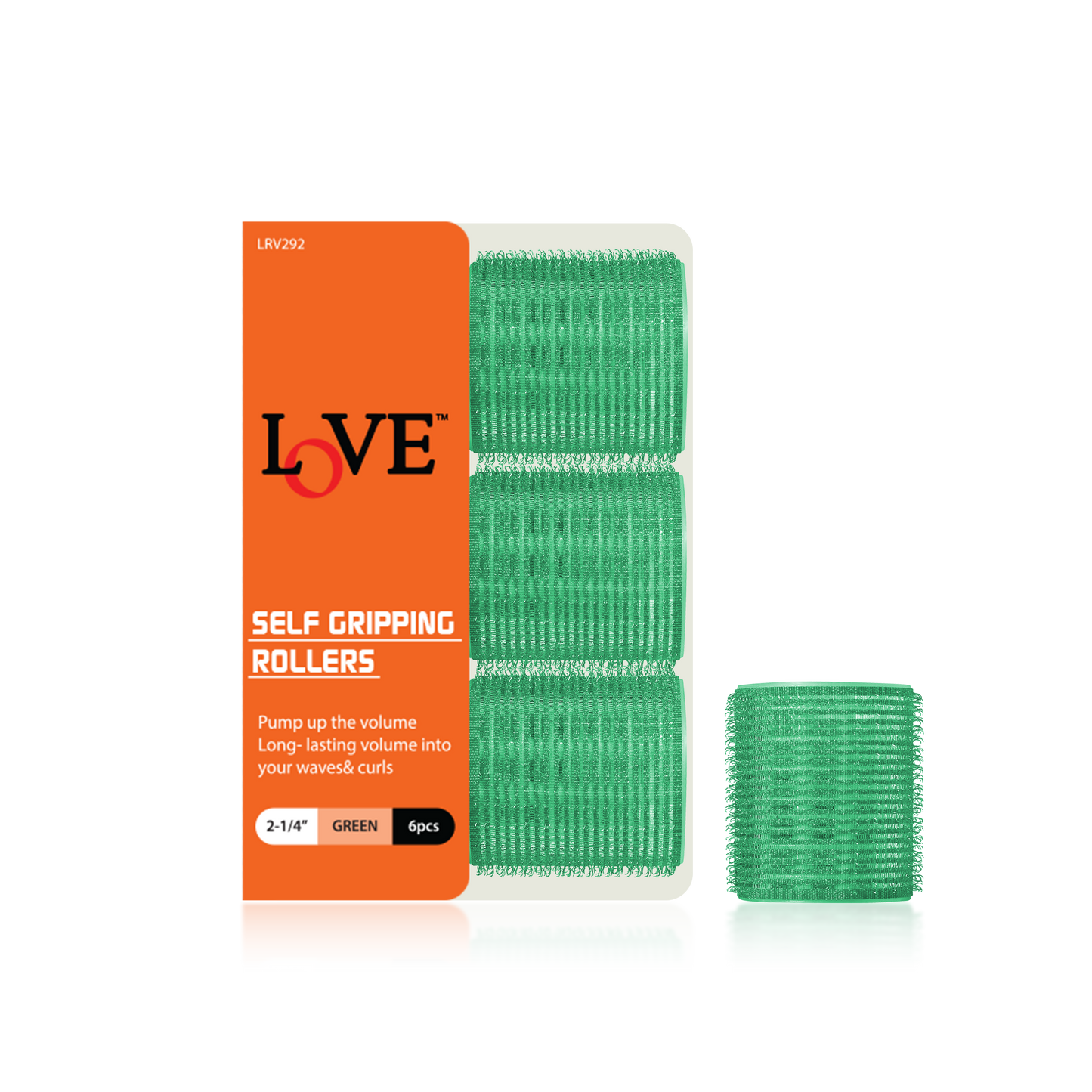 HAIR ROLLER - LRV292 - LOVE SELF GRIPPING ROLLERS - 2 1/4" - GREEN - 6 PCS - PACK OF 12