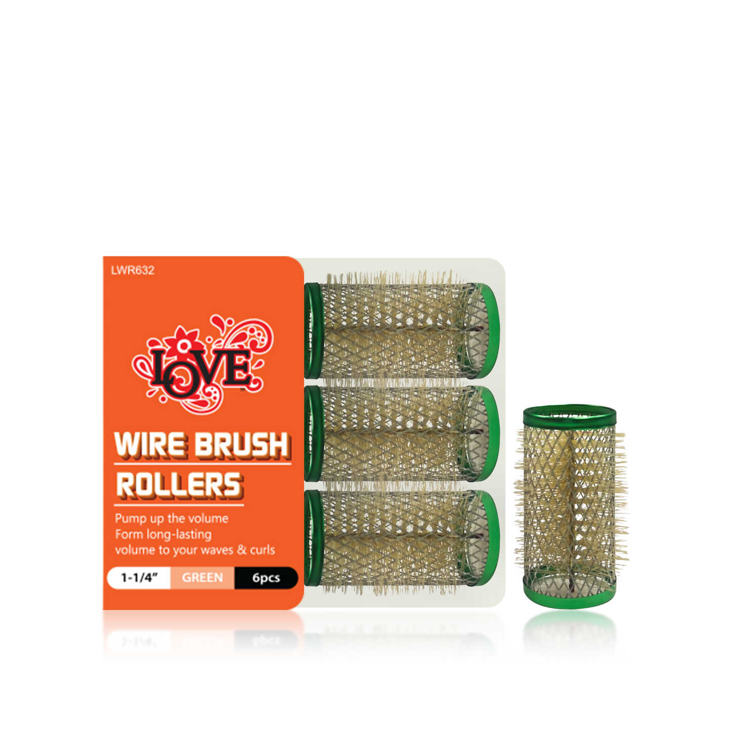 HAIR ROLLER - LWR632 - LOVE WIRE BRUSH ROLLERS - 1 1/4" - GREEN - 6 PCS - PACK OF 12