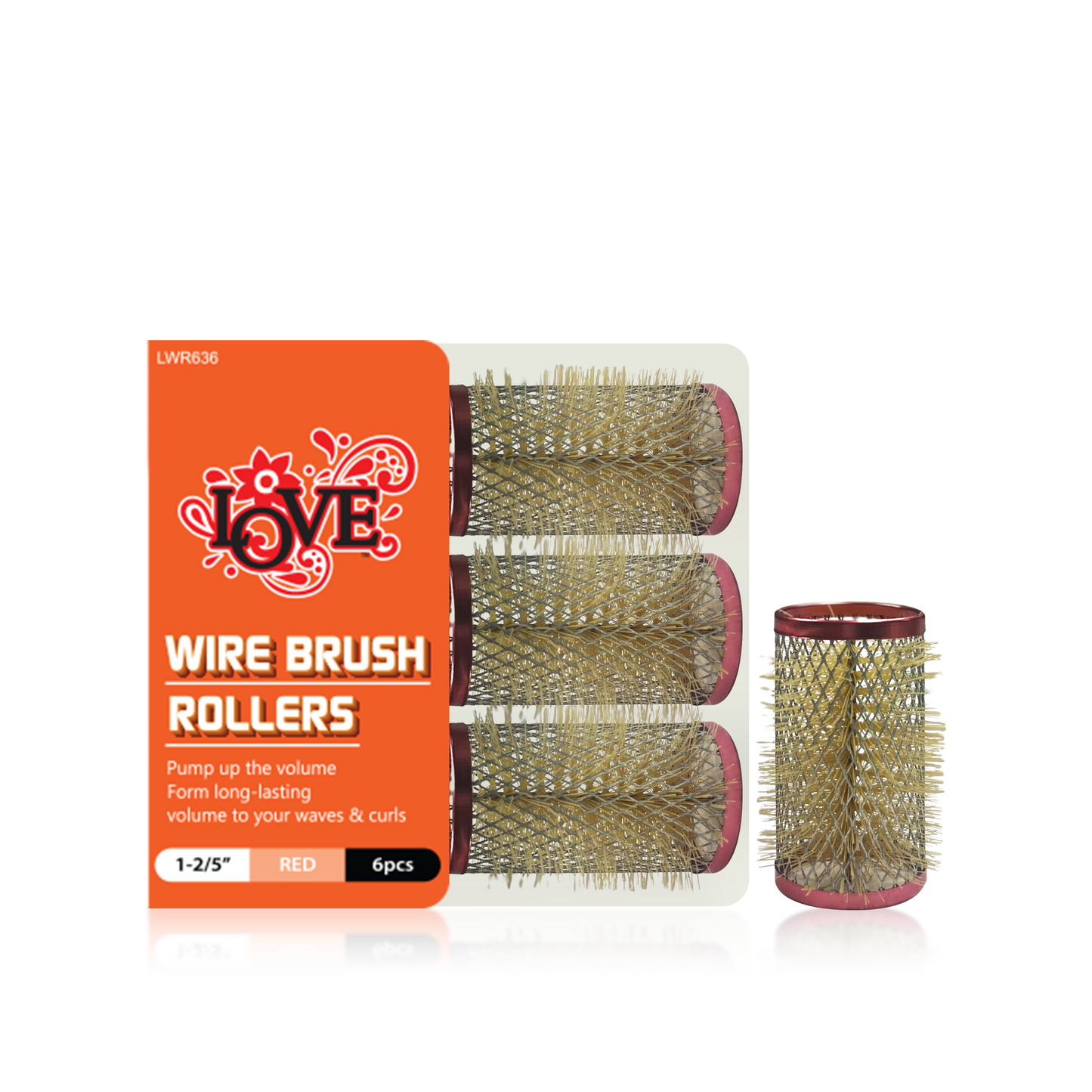 HAIR ROLLER - LWR636 - LOVE WIRE BRUSH ROLLERS - 1 2/5" - RED - 6 PCS - PACK OF 12