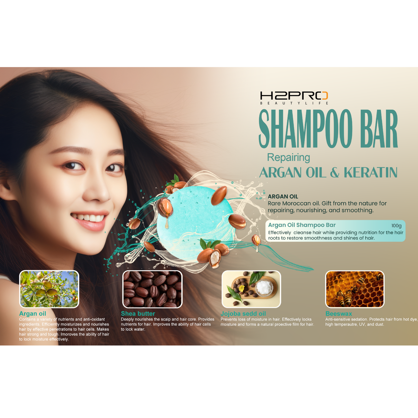 SHAMPOO BAR - SBA-2301 - H2PRO REPAIRING ARGAN OIL AND KERATIN (3.52 oz / 100 g) - PACK OF 6